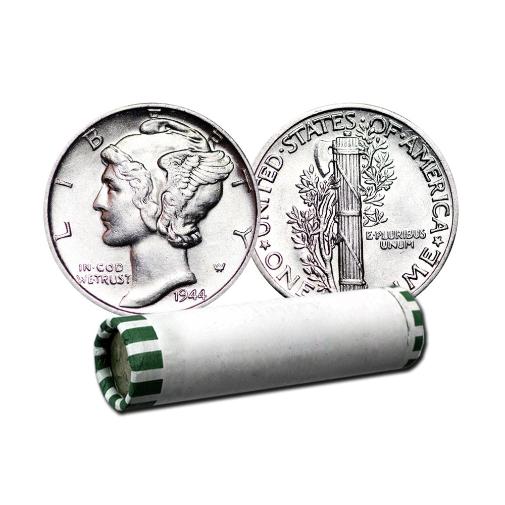 Rollo de 50 monedas de diez centavos de mercurio de plata al 90 % BU con fechas mixtas (acuñadas entre 1916 y 1945)-1