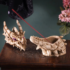 Fossil Dragon Skull Skeleton With Faux Geode Crystal Eyes Incense Burner Box-8