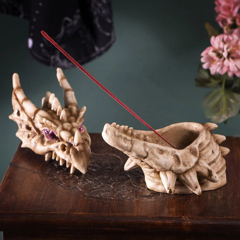 Fossil Dragon Skull Skeleton With Faux Geode Crystal Eyes Incense Burner Box-8