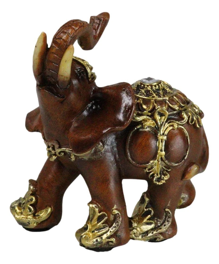 Feng Shui Faux Wood Left Facing Trunk Up Elephant With Golden Tapestry Figurine-7