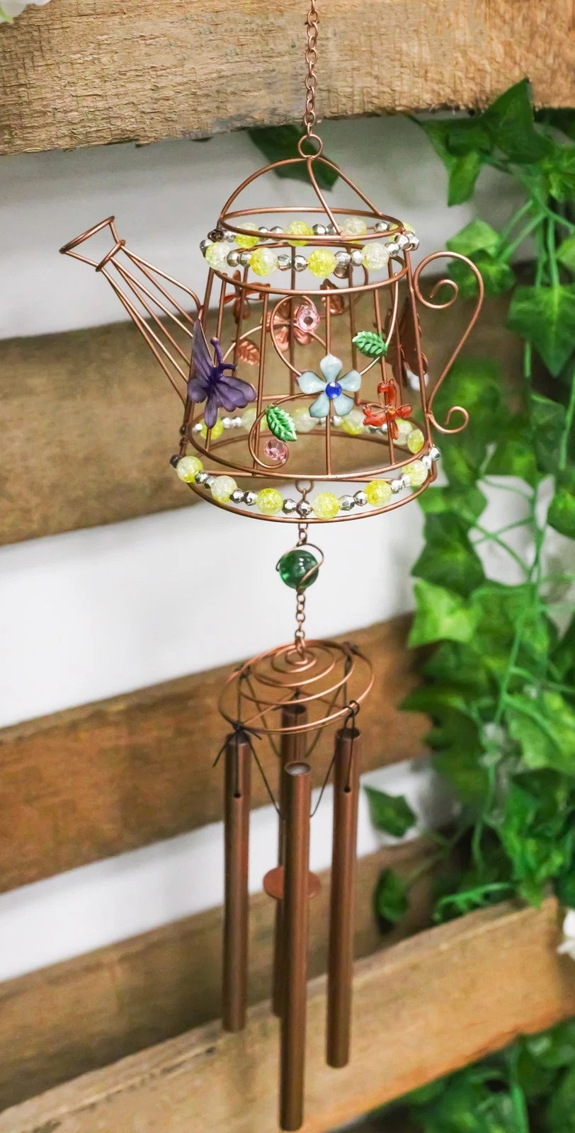 Monarch Butterflies On Garden Watering Can Art Glass Gemstones Metal Wind Chime-4