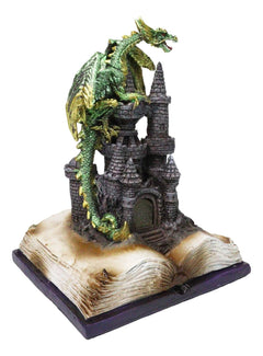 Medieval Green Dragon Perching On LED Castle With Book of Spells Figurine-5
