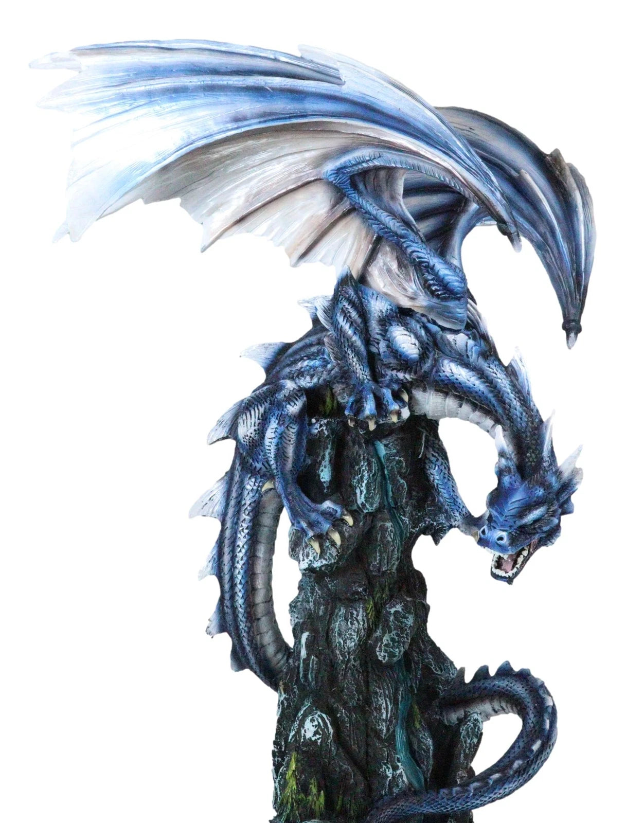 Large Blue Zirconia Rogue Storm Dragon Hovering Over Cliff Rock Waterfall Statue-2