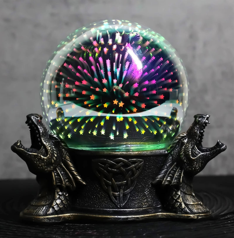 Luz nocturna LED con estrellas mágicas y bola de cristal con diseño de dragones rugientes y nudos de la Trinidad Celta-3
