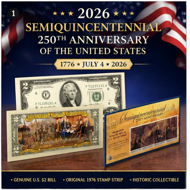 2026 USA 250th Anniversary Commemorative $2 Bill & 1976 Bicentennial Stamp Strip – Limited Edition American History Collectible
