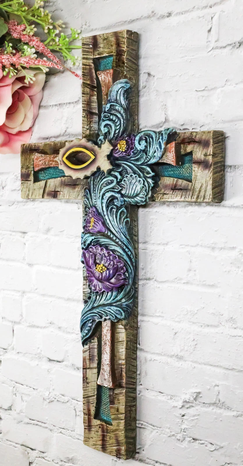 Rustic Turquoise Floral Blooms Ichthys Jesus Fish Symbol Faux Wooden Wall Cross-2