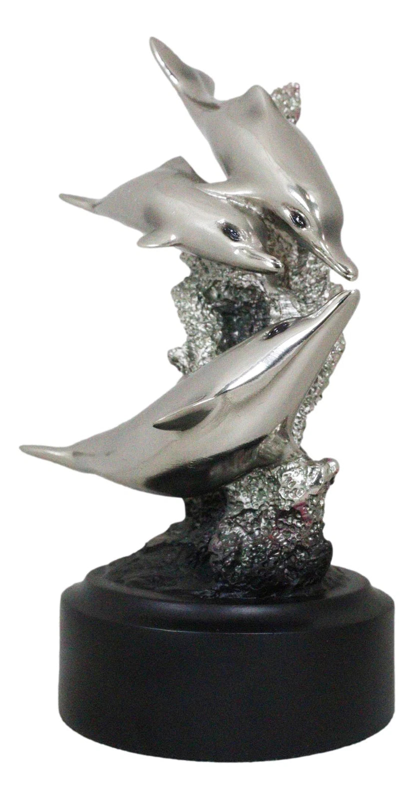 Nautical Marine Sea Dolphins By Coral Reef Silver Electroplated Resin Figurine-4