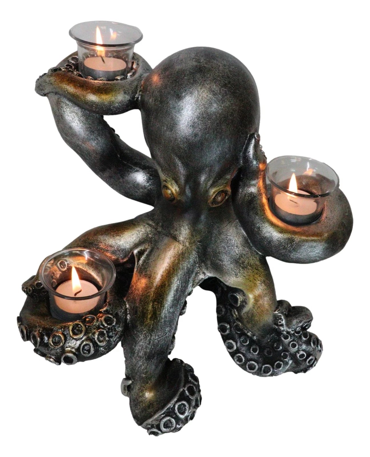 Large Rustic Bronze Deep Ocean Octopus Candle Holder Statue Kraken Sea Monster