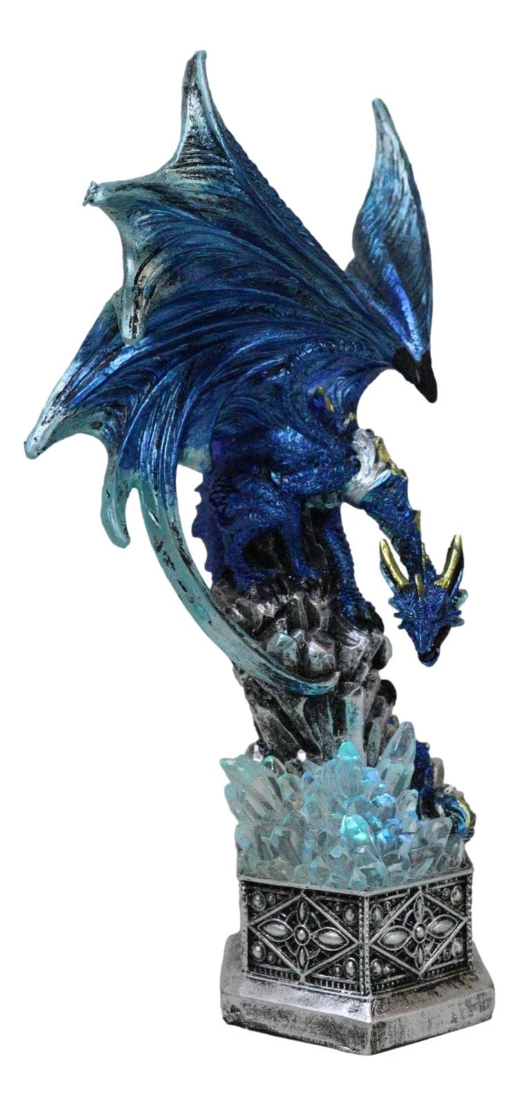 Armored Blue Guardian Water Elemental Dragon On LED Crystals Pedestal Figurine-3