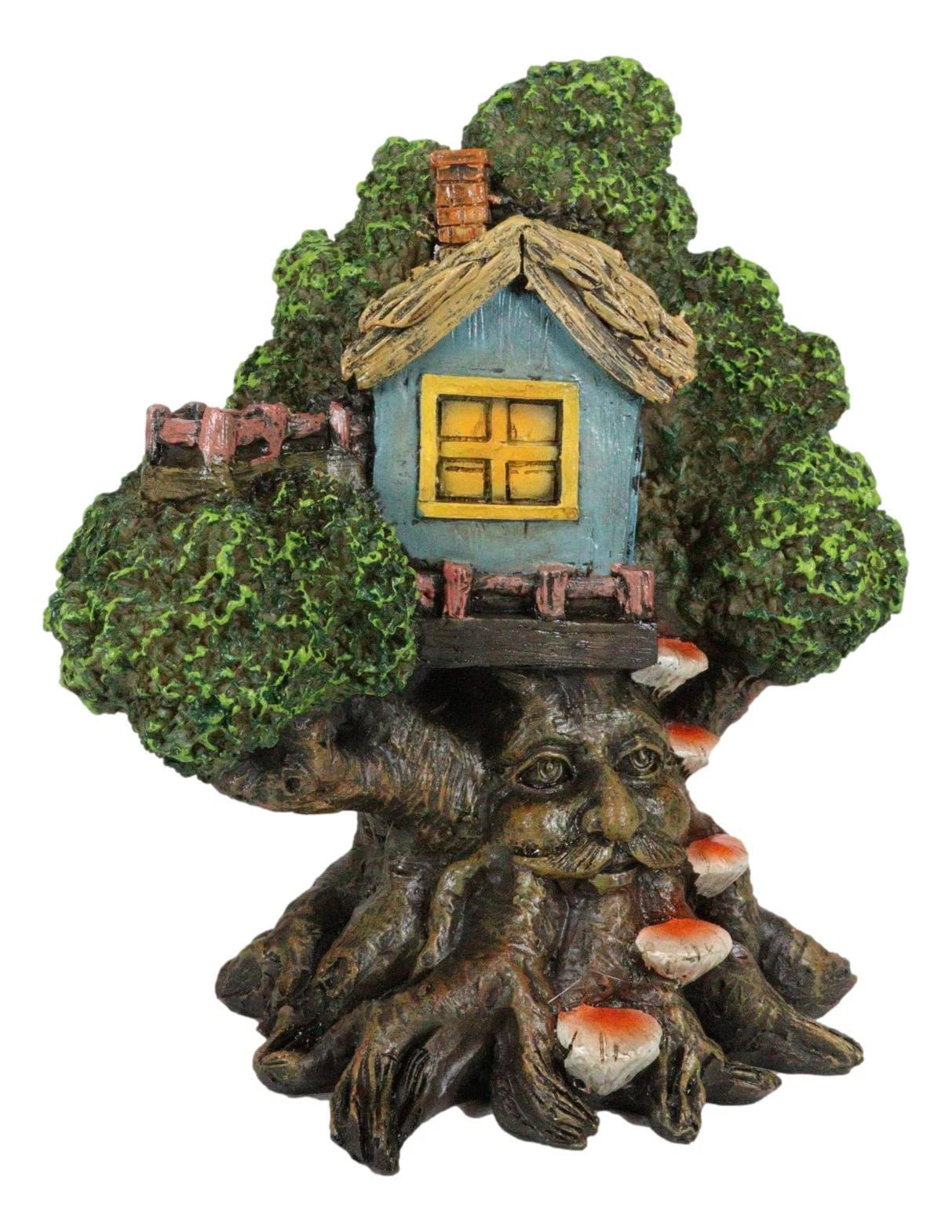 Forest Ent Greenman Cottage Blue Nook Tree House Statue With Mushroom Conk Steps-4