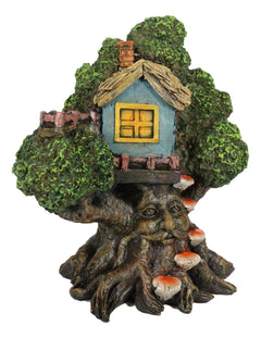 Forest Ent Greenman Cottage Blue Nook Tree House Statue With Mushroom Conk Steps-4
