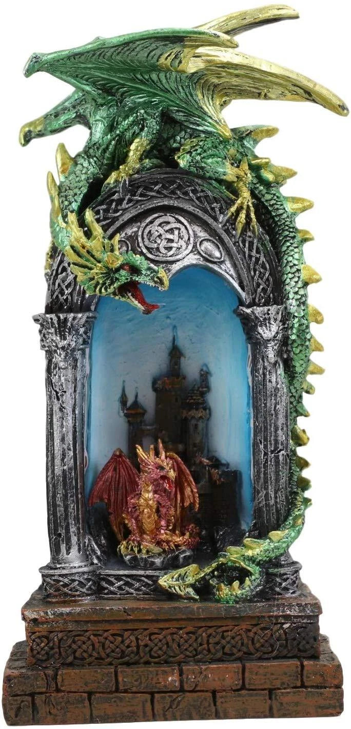 Green Dragon Perching On Celtic Arch Columns With Red Wyrmling LED Light Statue-4