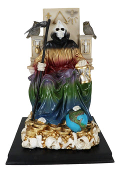 Rainbow Robe Holy Santa Muerte Seated On Throne with Scythe Statue 10.5"H-2