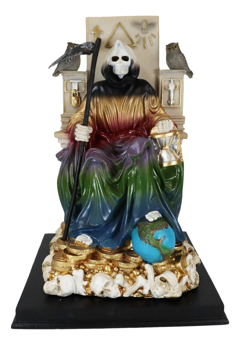 Rainbow Robe Holy Santa Muerte Seated On Throne with Scythe Statue 10.5"H-2