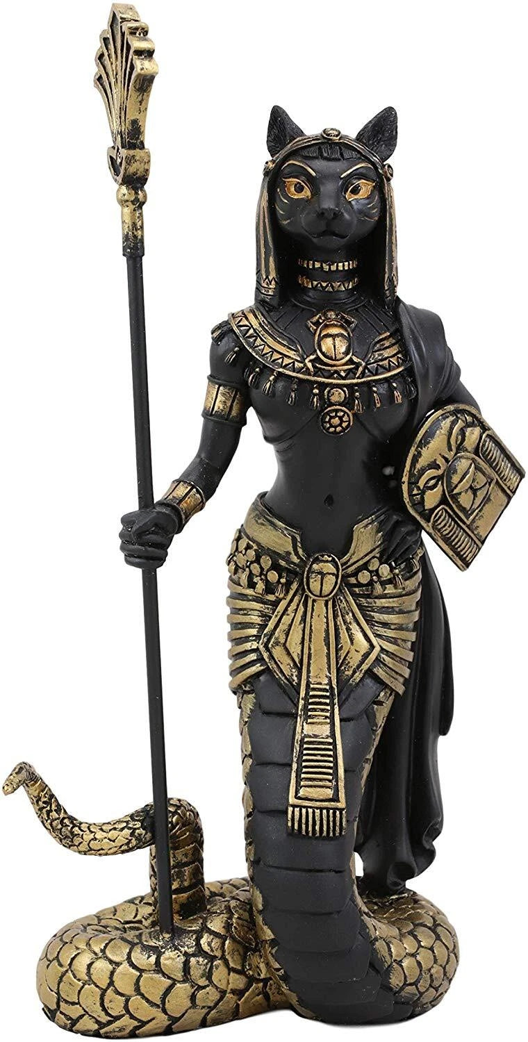 11"H Egyptian Bastet Cat With Snake Holding Spear & Shield Statue 11"H-2
