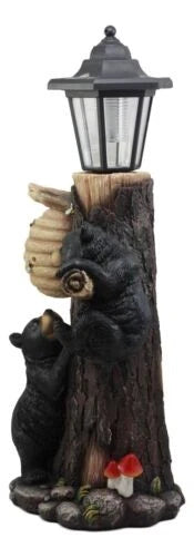 Large Climbing Black Bear Cubs With Beehive Statue W/ Solar LED Lantern Light-2