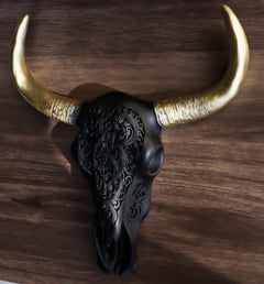 Black And Gold Tribal Floral Tattoo Tooled Filigree Bull Cow Skull Wall Decor-1