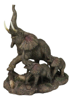 Triumphant Entry Safari Elephants Father And 2 Calves On Forest Floor Figurine-2