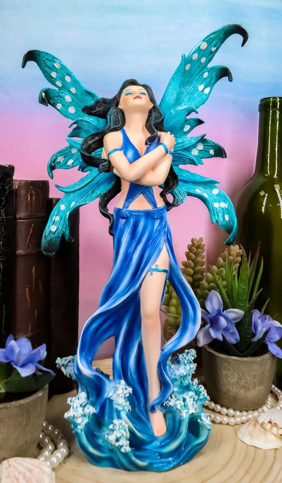 Ocean Fairy Figurine, Water Elemental Fantasy Statue 12" Tall Rising Over Waves, Hand-Painted Mythical Creature Sculpture, Home Decor for Shelf, Desk, or Living Room Display