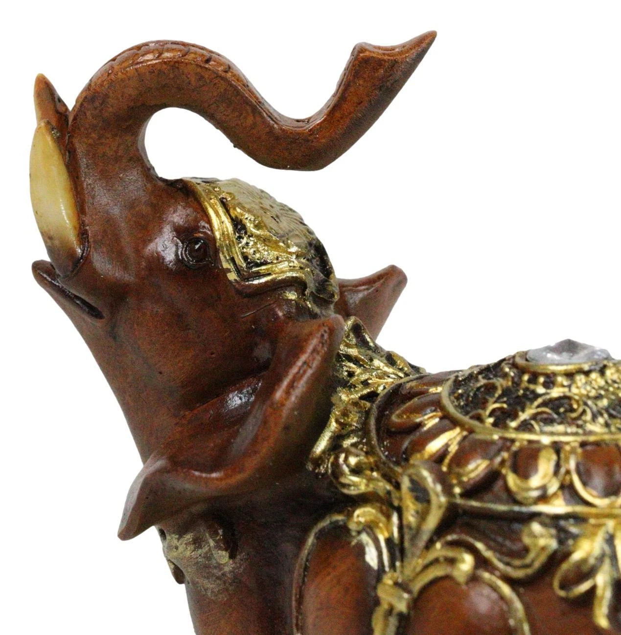 Feng Shui Faux Wood Left Facing Trunk Up Elephant With Golden Tapestry Figurine-4