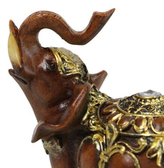 Feng Shui Faux Wood Left Facing Trunk Up Elephant With Golden Tapestry Figurine-4