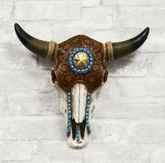 Western Star Tooled Leather Steer Bison Buffalo Bull Cow Horned Skull Wall Decor-1
