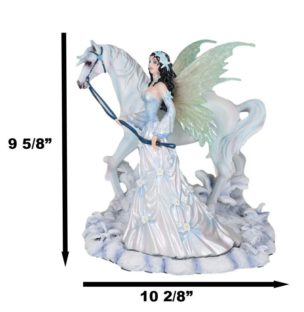 Aurora Borealis Winter Fairy With Sacred White Horse Statue 10"Long Nene Thomas