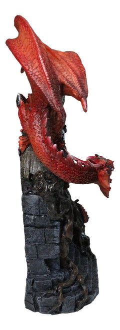 Figura de dragón rojo medieval sobre una tumba gótica con calaveras y llama de fuego LED-3