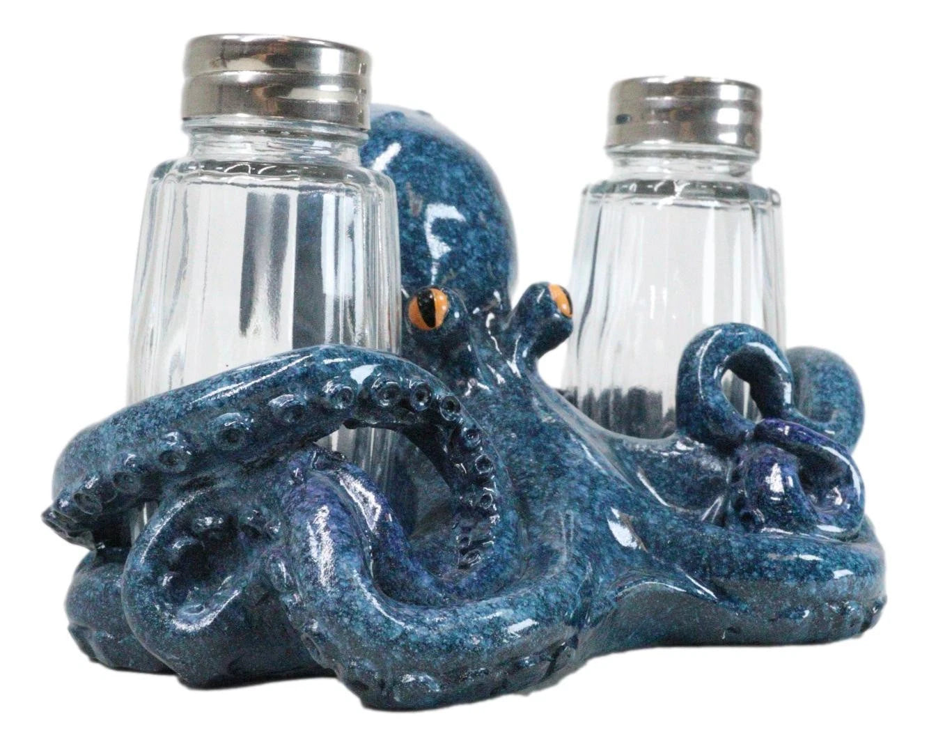 Onyx Blue Nautical Marine Cephalopod Octopus Salt Pepper Shakers Holder Set-4