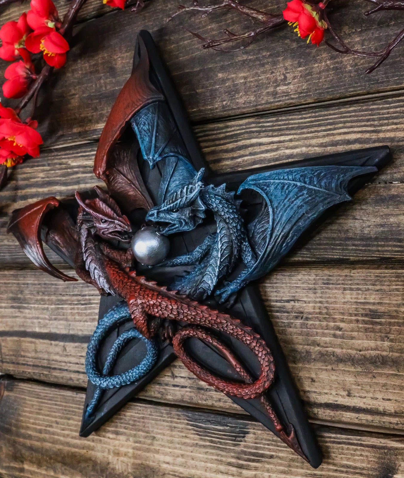 Medieval Pentagram Star Red Fire And Blue Water Elemental Dragons Wall Decor