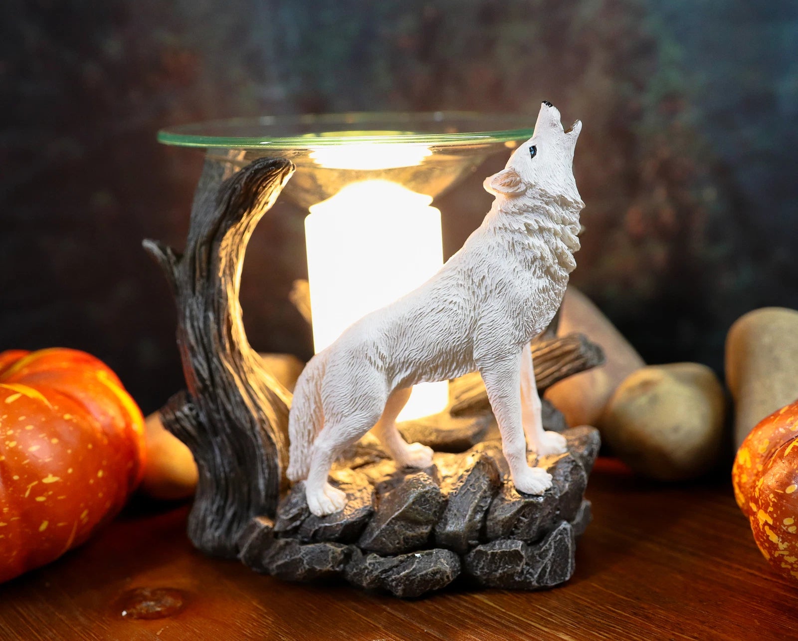 White Wolf Howling Electric Oil Burner Tart Warmer Statue Night Light
