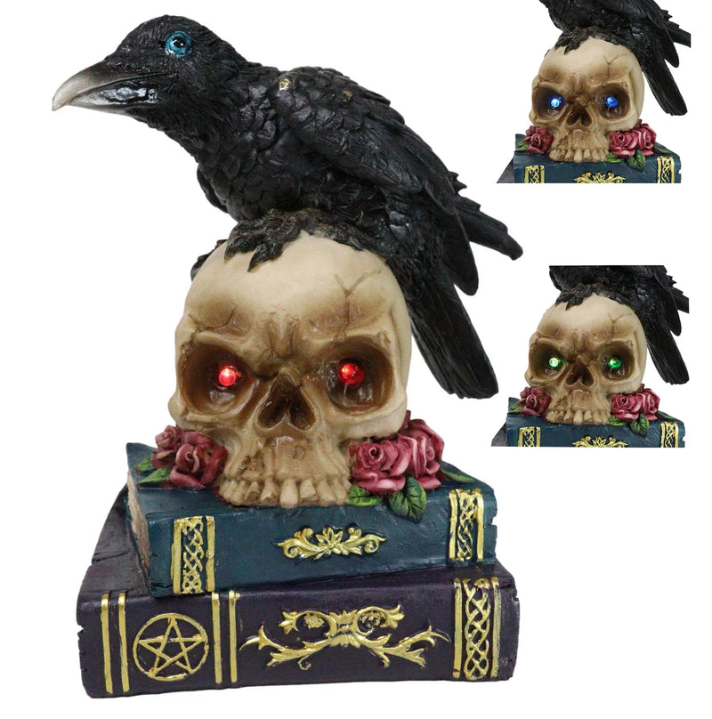 Raven Crow Perching On Skull With LED Eyes And Spell Books Of Prophecy Figurine-2