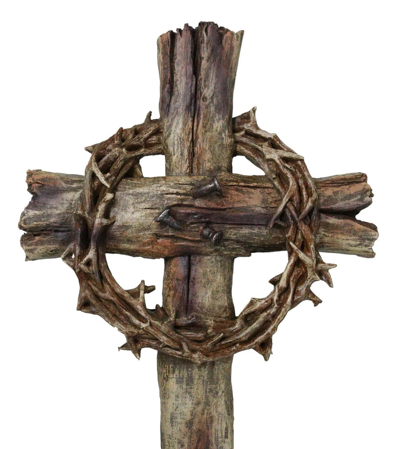 Rustic Via Dolorosa Calvary Crown of Thorns and Nails Faux Wooden Wall Cross-3