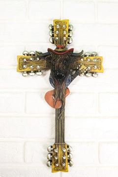 Western Rock And Roll Music Guitars With Cowboy Highland Cow Wall Cross Plaque-1