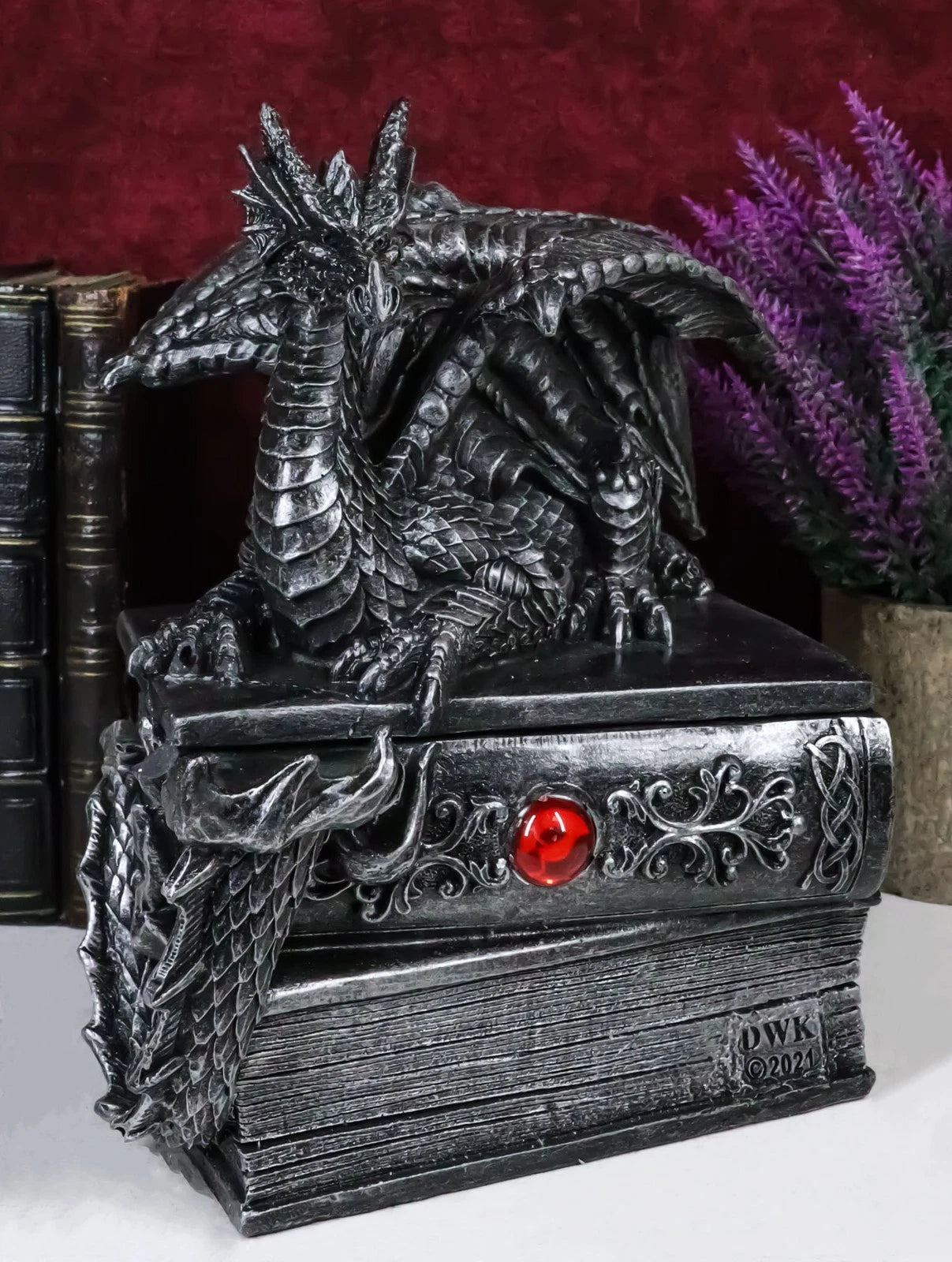 Medieval Fantasy Dragon Guardian of Knowledge Secret Trinket Box Figurine 8.25"H-1