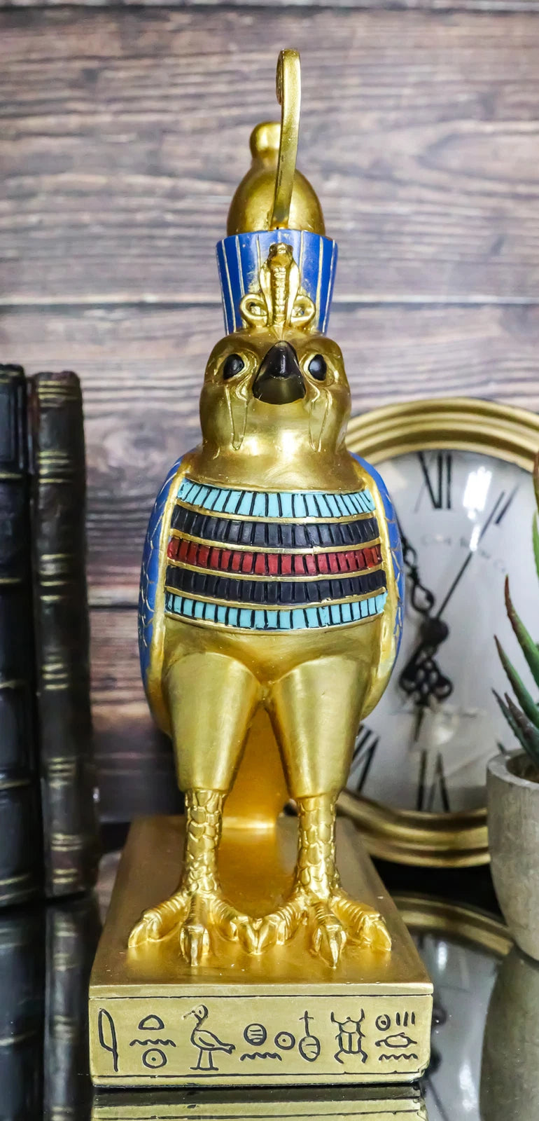 Egyptian God Horus Falcon Bird On Hieroglyphic Pedestal Statue 8.75"H-2