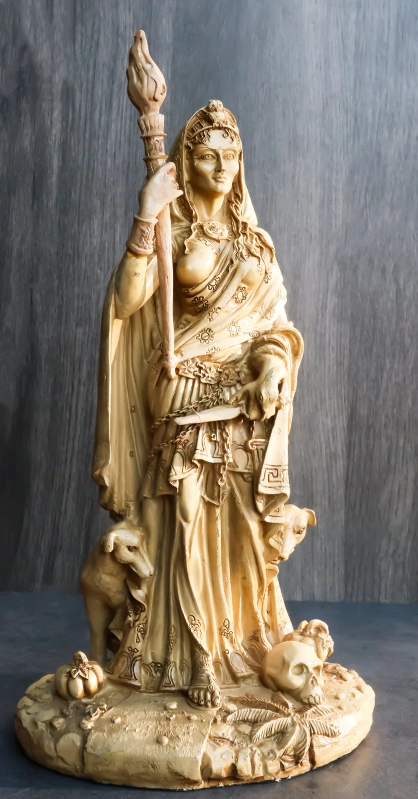 Ivory Hecate Statue Greek Goddess Hekate with She-Dogs Figurine 10.75" H-1