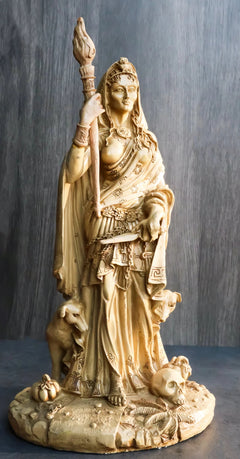 Ivory Hecate Statue Greek Goddess Hekate with She-Dogs Figurine 10.75" H-1