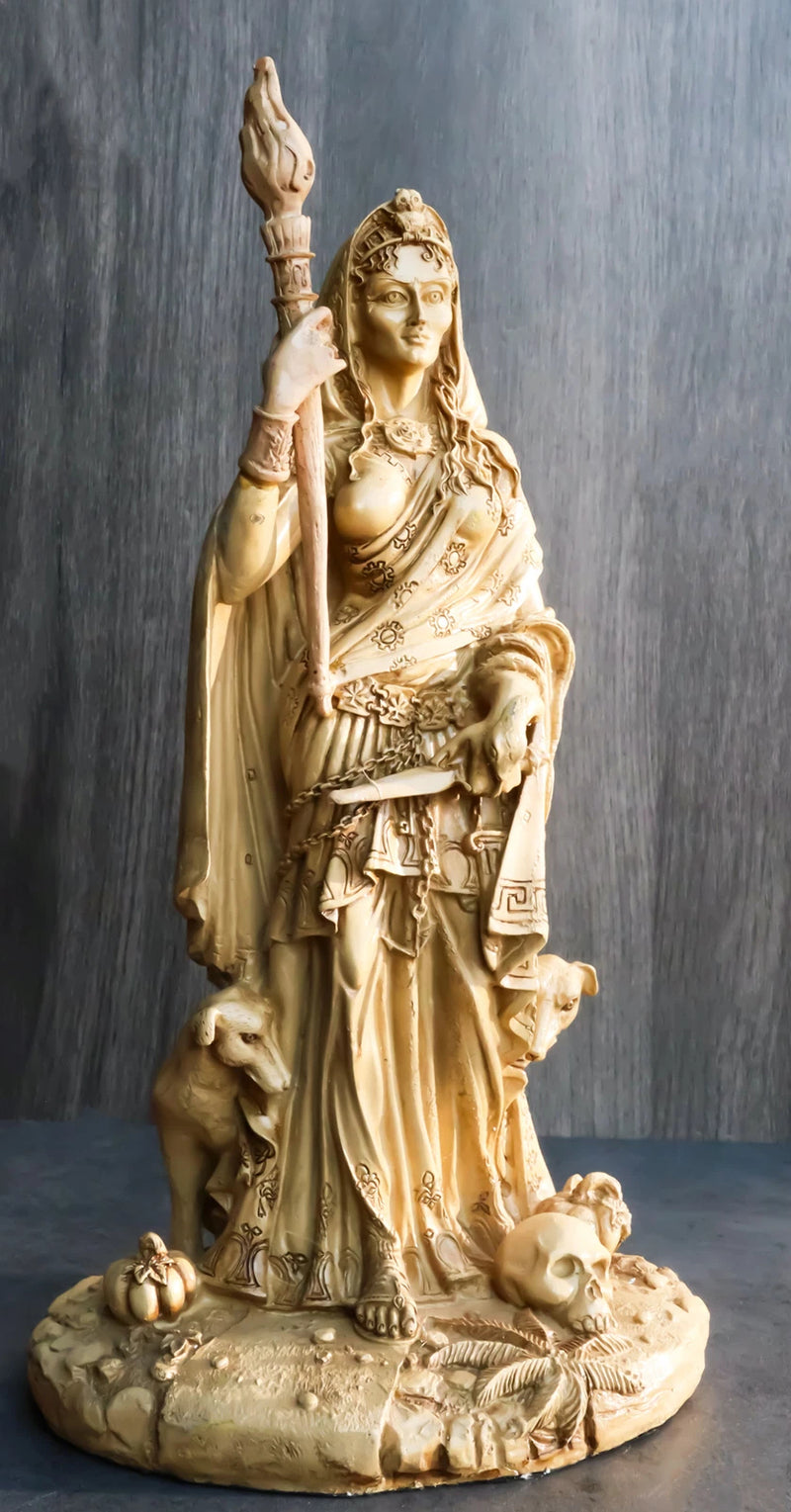 Ivory Hecate Statue Greek Goddess Hekate with She-Dogs Figurine 10.75" H-1