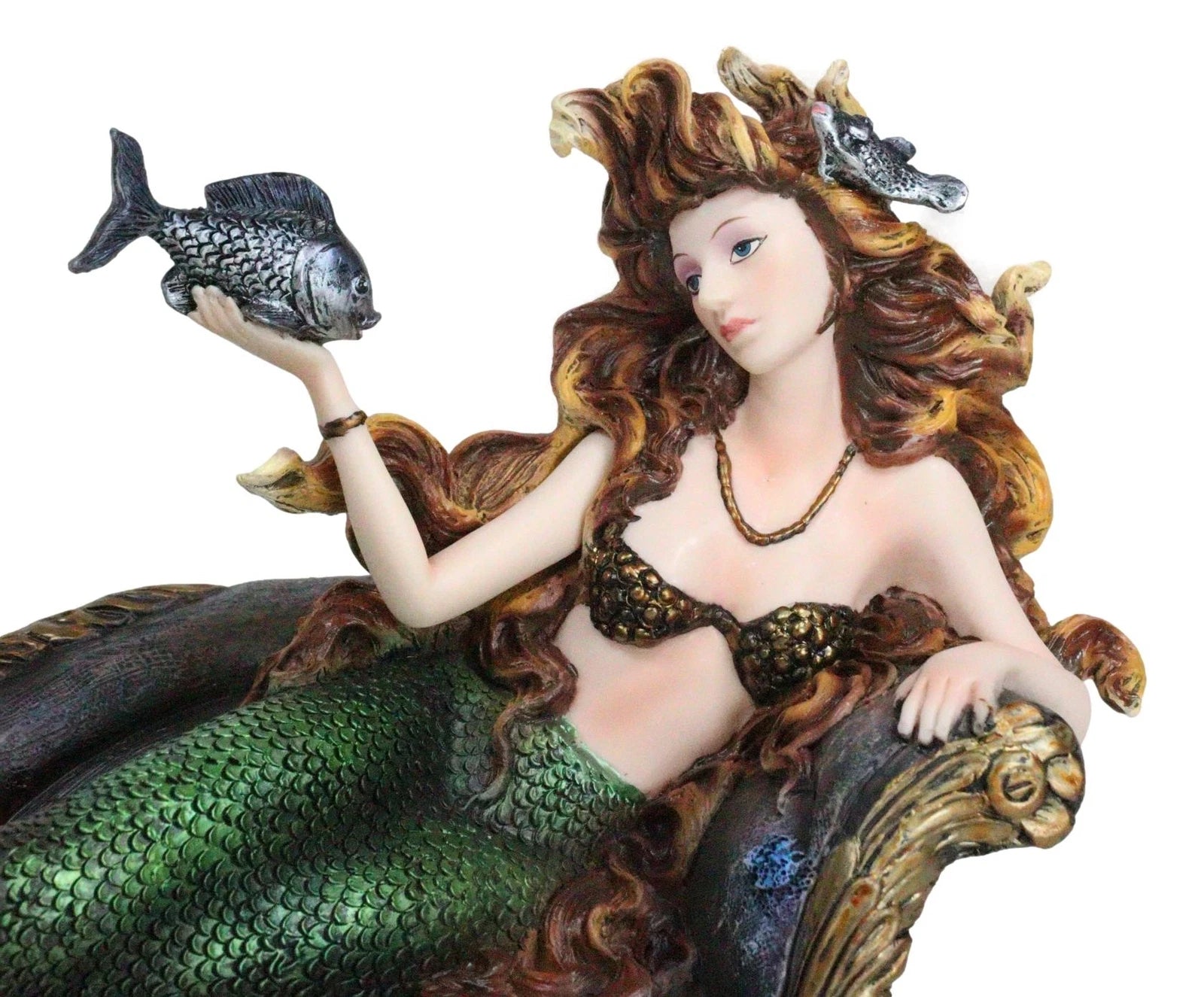 Queen Of Atlantis Siren Mermaid With Fish Resting On Sea Lounge Chair Figurine-3