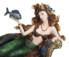 Queen Of Atlantis Siren Mermaid With Fish Resting On Sea Lounge Chair Figurine-3