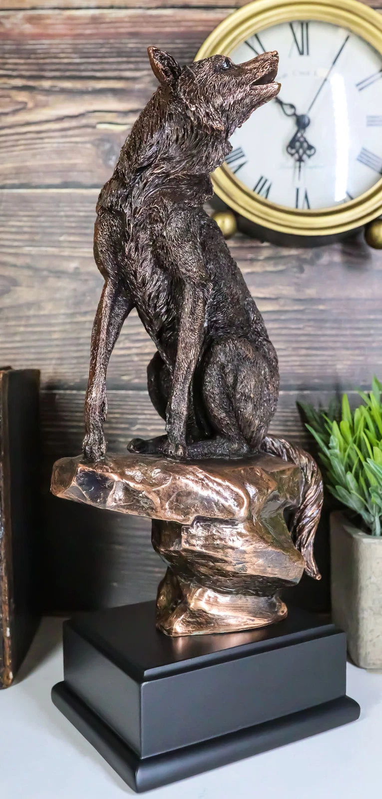 Rustic Moon Howling Alpha Wolf Sitting On Rocky Cliff Figurine With Trophy Base-2