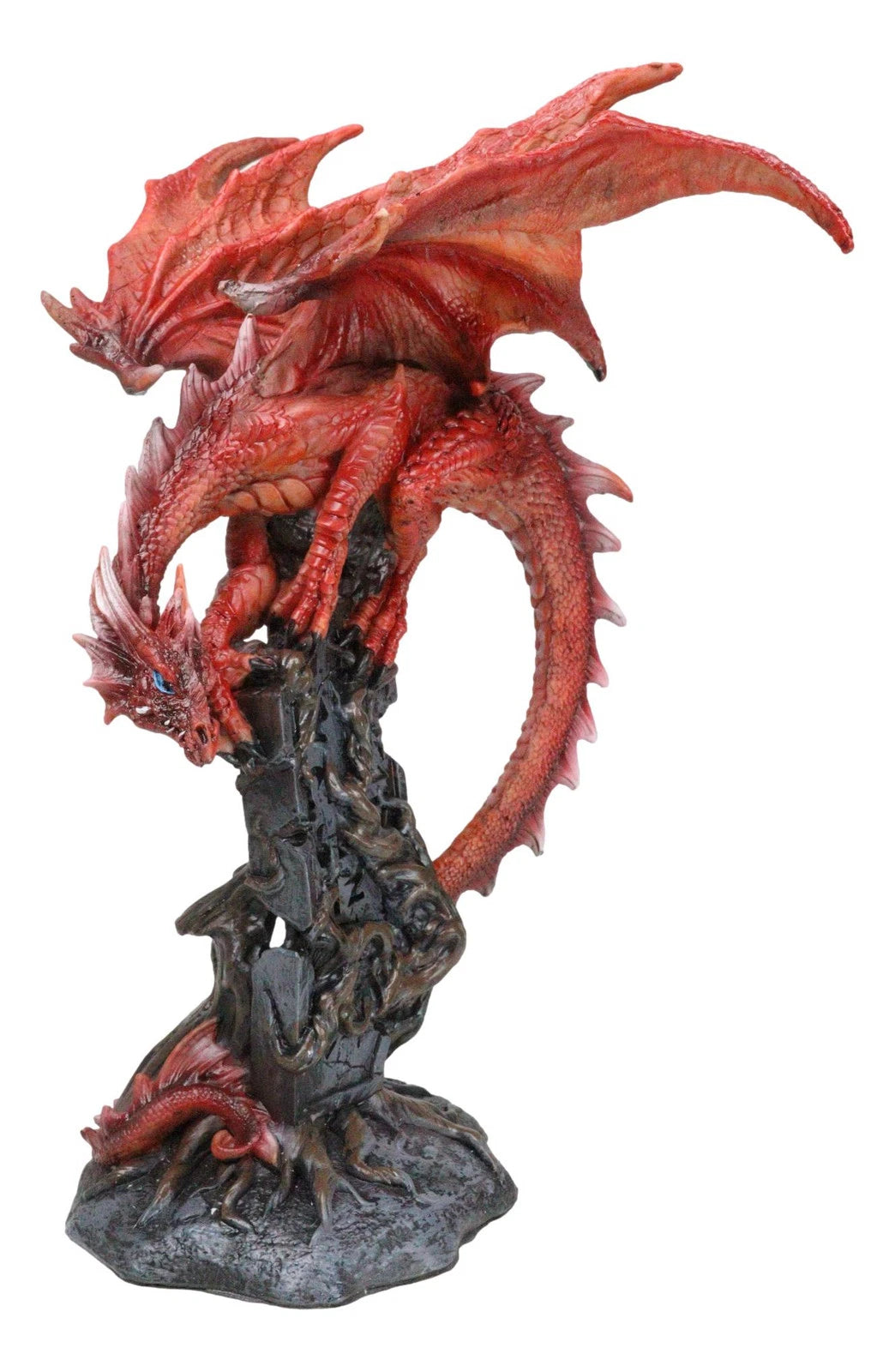 Wizard Fantasy Red Volcanic Dragon Perching On Rune Stone Tower Rock Figurine-3