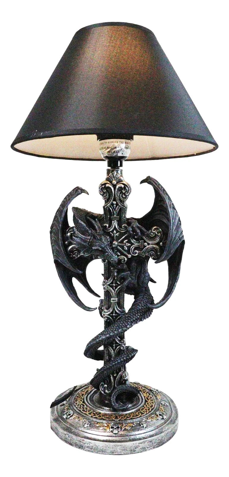 Gothic Faux Stone Dragon Perching On Celtic High Cross Sculptural Table Lamp-2