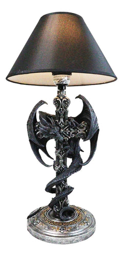 Gothic Faux Stone Dragon Perching On Celtic High Cross Sculptural Table Lamp-2
