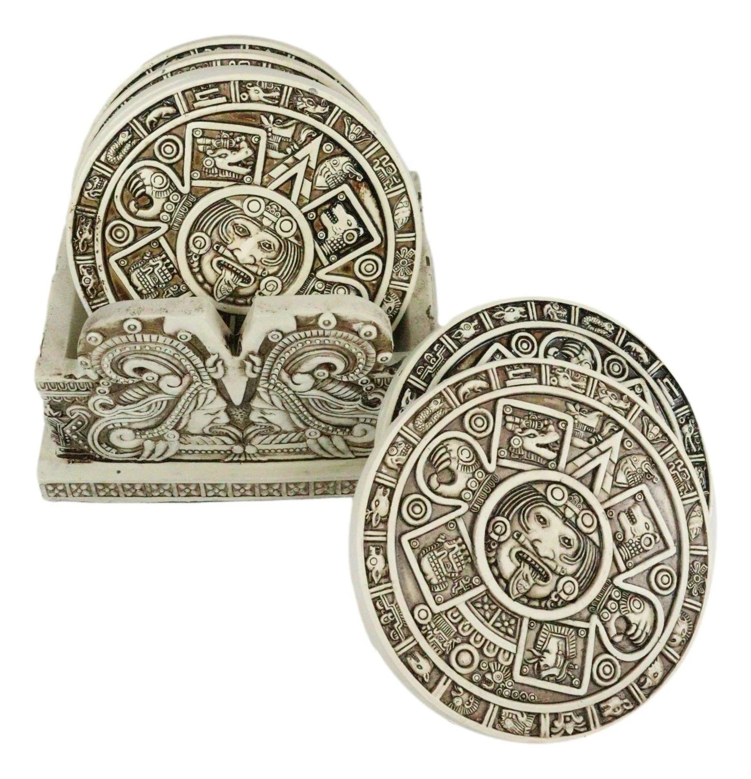 Juego de 6 posavasos con símbolos del calendario solar de los dioses aztecas y figura de soporte