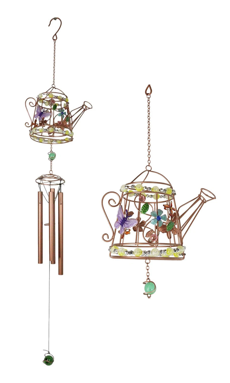 Monarch Butterflies On Garden Watering Can Art Glass Gemstones Metal Wind Chime-1