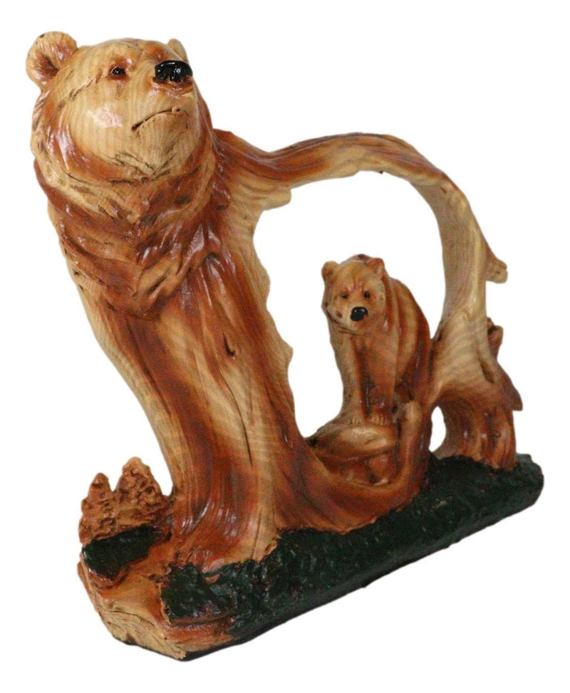 Rustic Faux Wood Wildlife Grizzly Bear With Cub Roaming The Forests Figurine-3