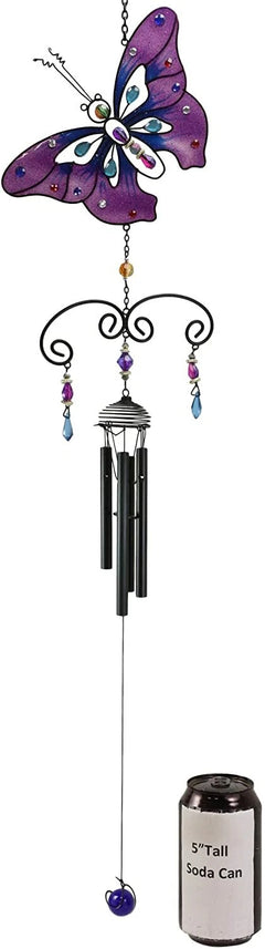 Purple Butterfly Stained Glass With Gemstones Copper Wind Chime Garden Patio-4