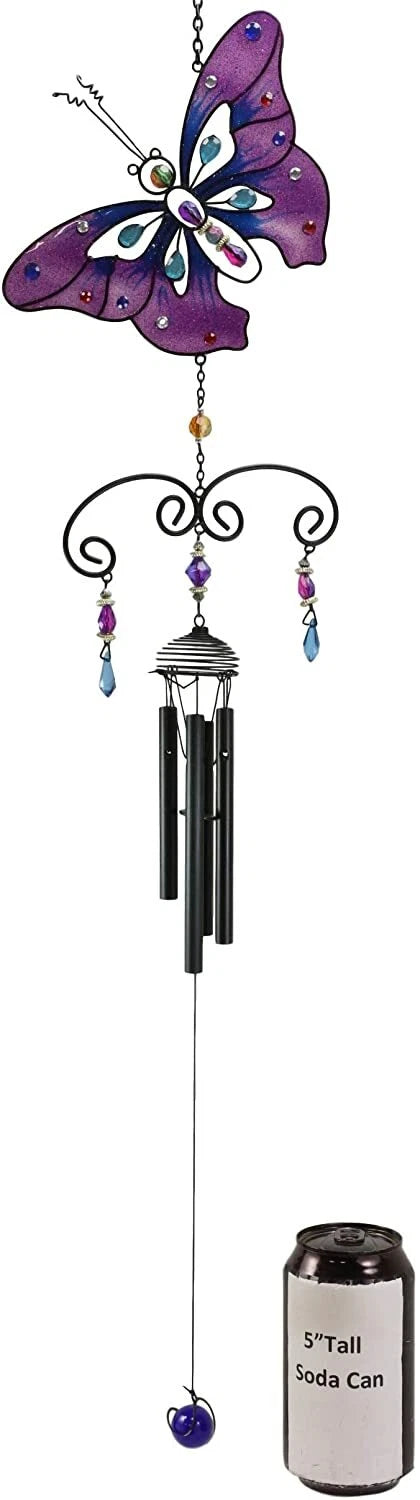 Purple Butterfly Stained Glass With Gemstones Copper Wind Chime Garden Patio-4